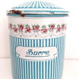 Old Spice Pot SUCRE in blue and white enamelled sheet metal with stripes + a garland of roses