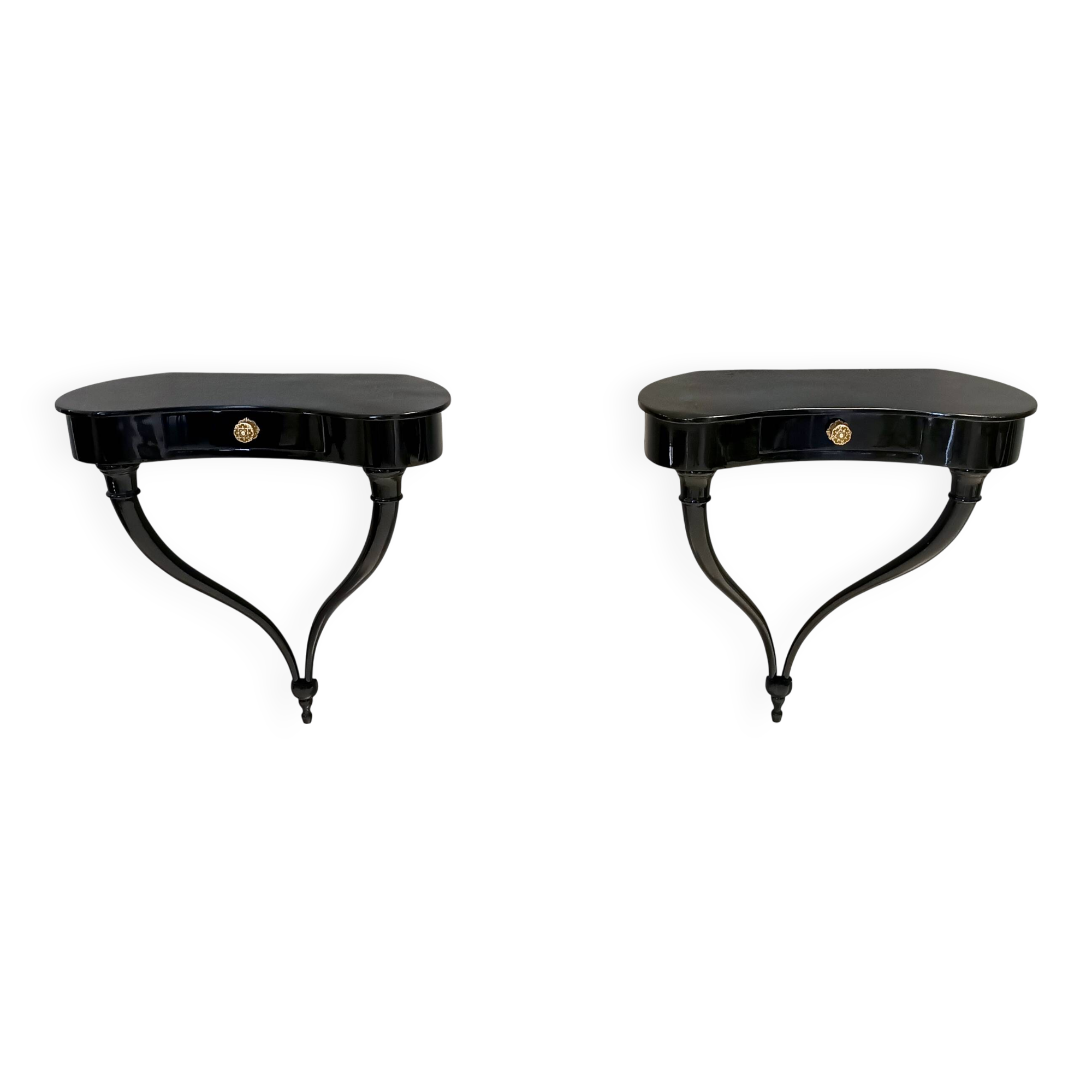 Pair of Black Wall-Mounted Console Tables / Nightstands attr. to Ulrich