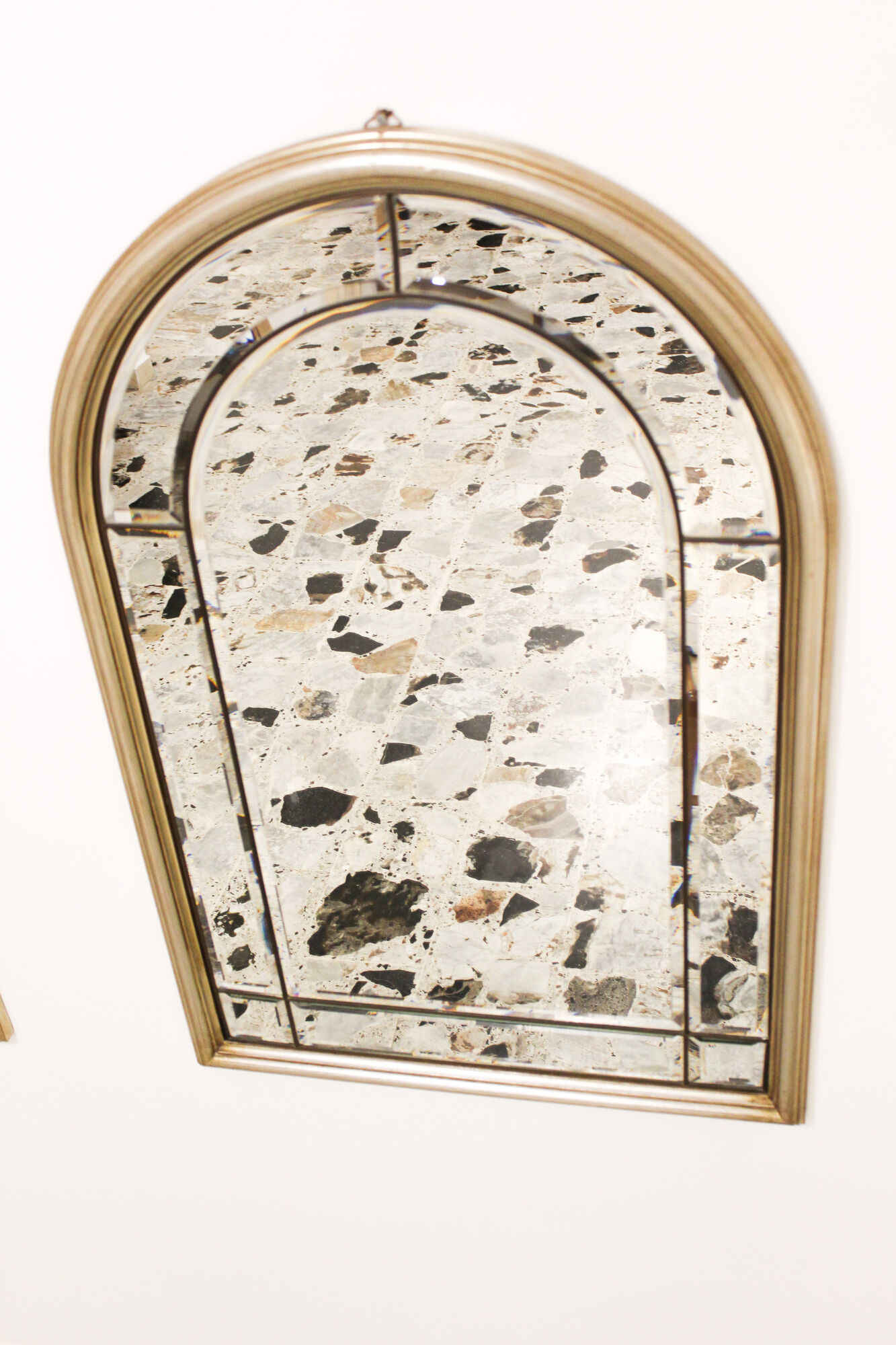 Pair of bevelled mirrors, brass edging frame in brushed wood years Italy 70's