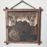 Antique Asian decorative triptych mirror with chain wall decoration in wood.