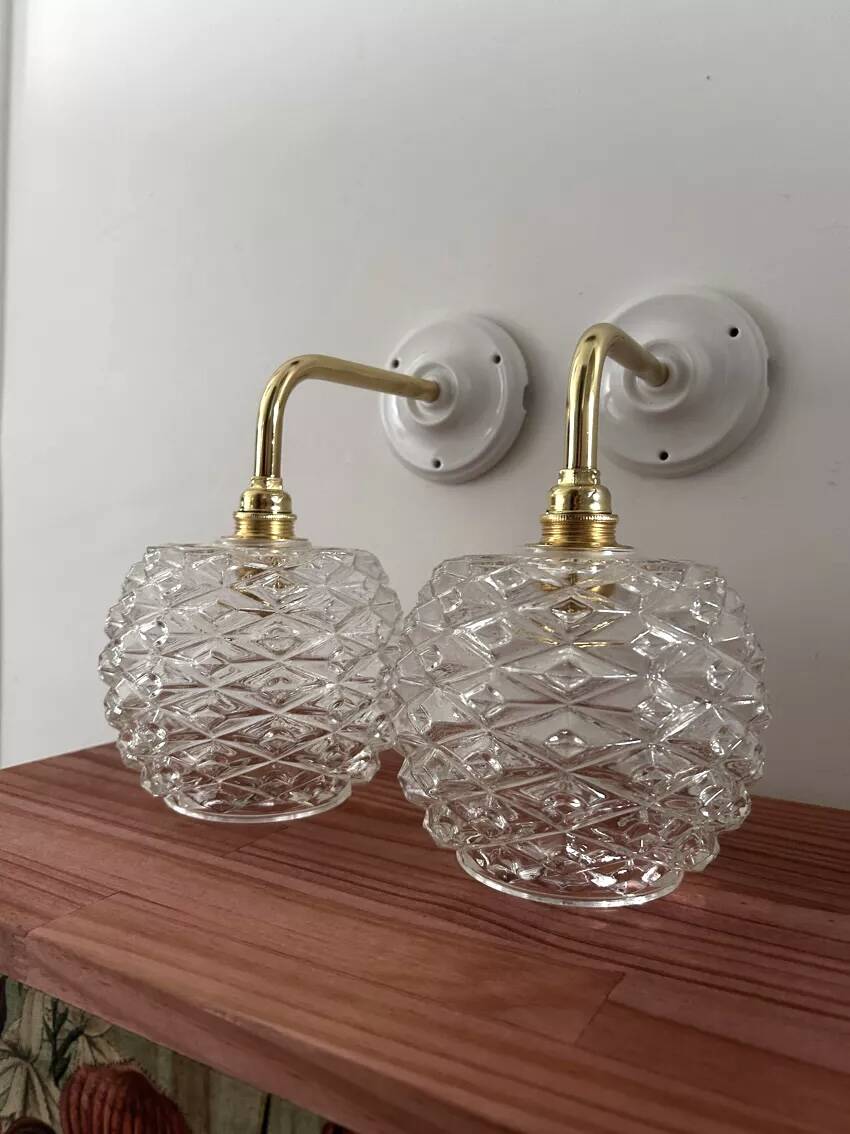 Pair of vintage pinecone chiseled glass wall sconces