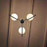 Chrome chandelier with 3 white glass spheres, 70s