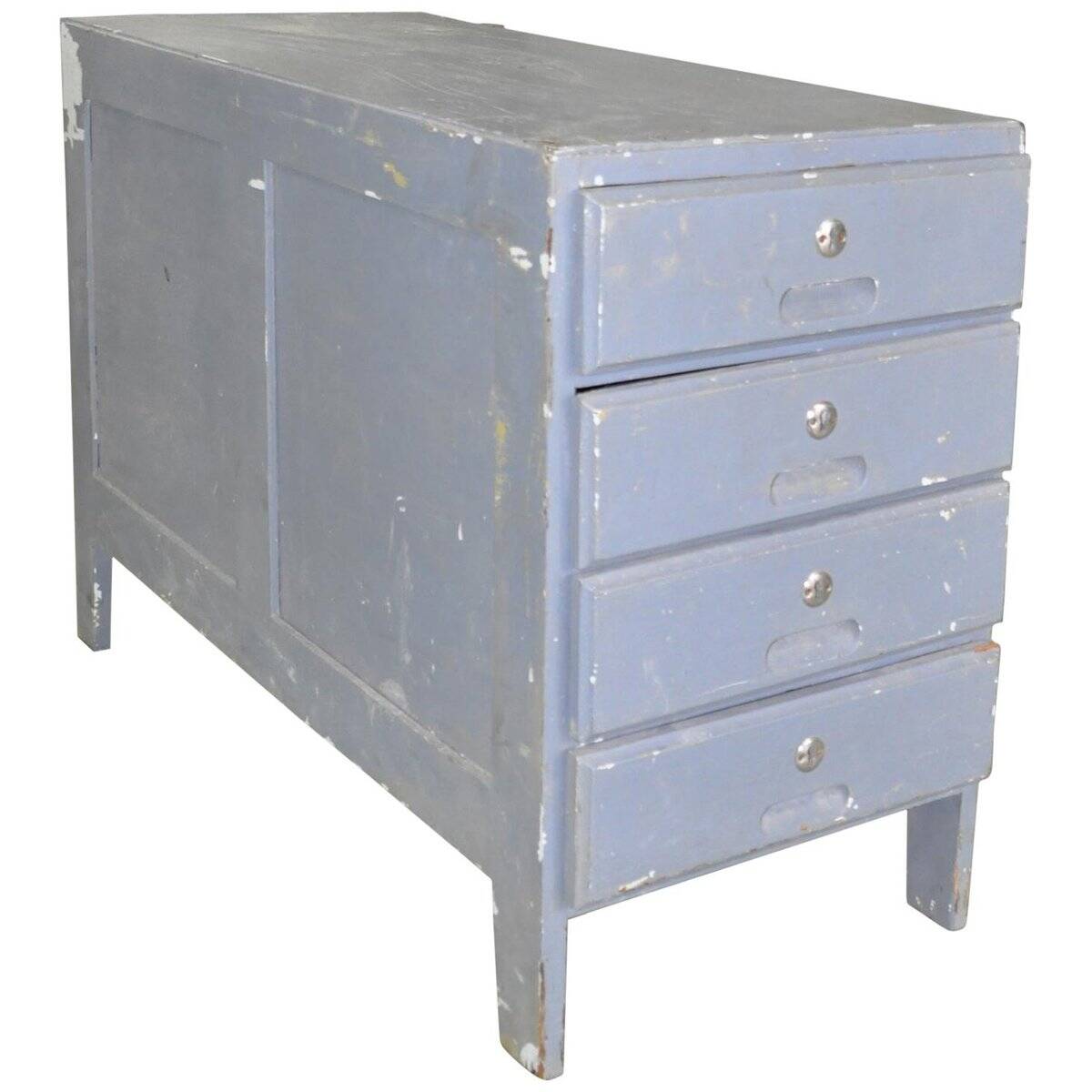 Commode vintage grise en pin peint, années 1950, style industriel, 4 tiroirs