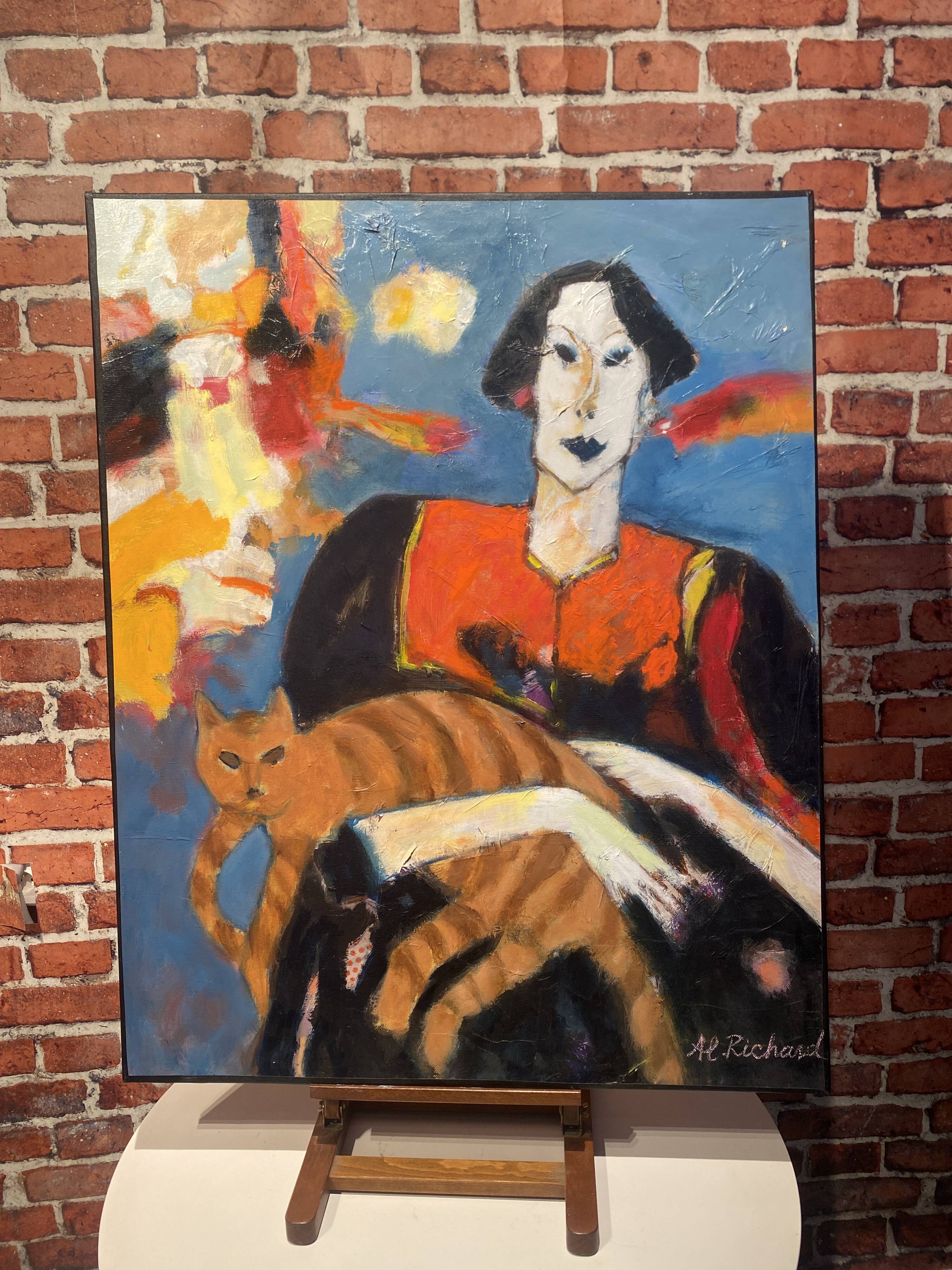 Peinture signée Al Richard portrait d'une femme portant un chat