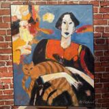 Peinture signée Al Richard portrait d'une femme portant un chat