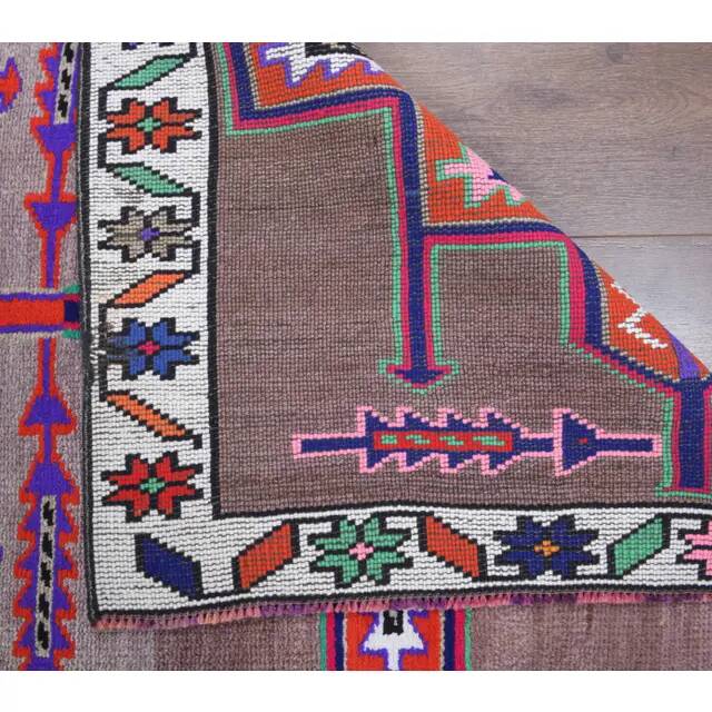 Vintage Turkish Hand-Knotted Wool Cotton Brown Runner 81x347