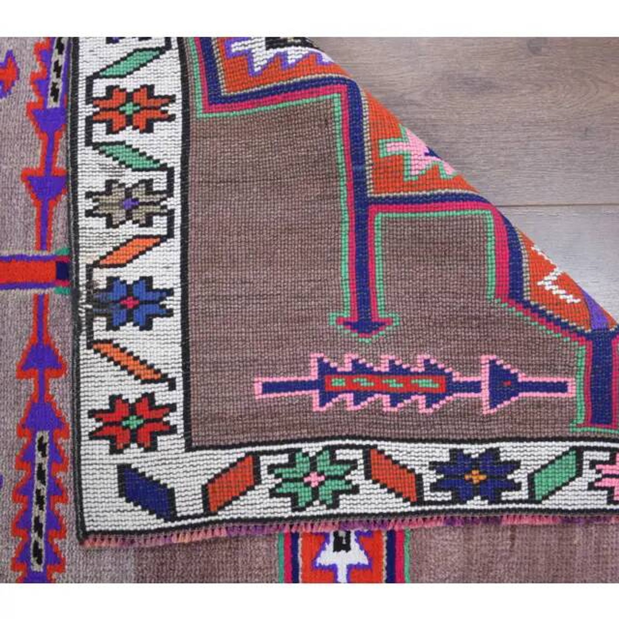 Vintage Turkish Hand-Knotted Wool Cotton Brown Runner 81x347
