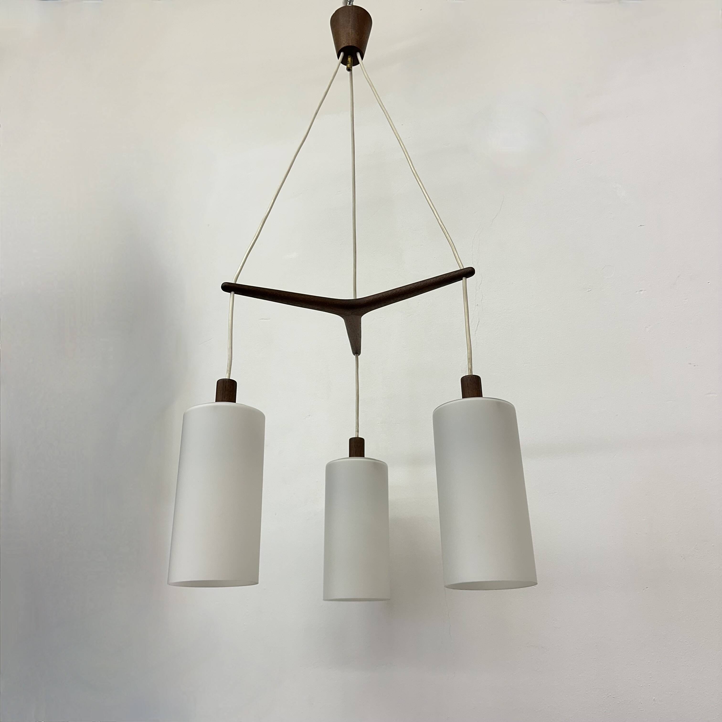 Mid-century design pendant lamp teak and opaline glass , 1970s