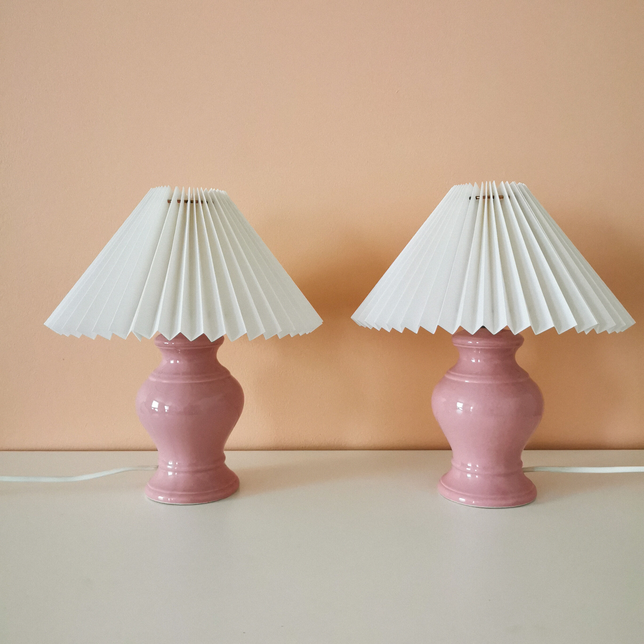 Pair of upcycled pink lamps with pleated lampshade