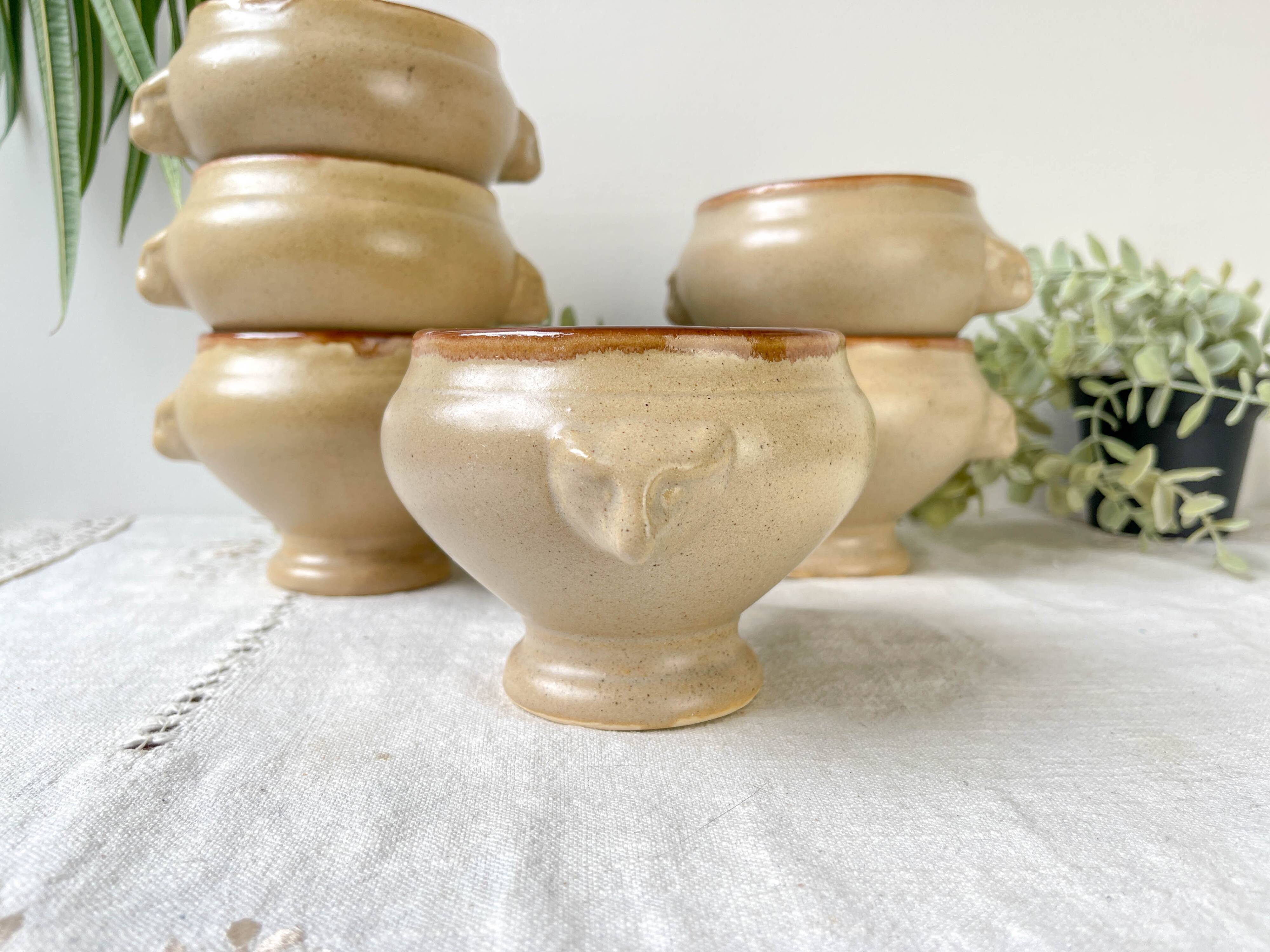 6 Vintage Emile Henry Ceramic Lion Head Onion Soup Bowls