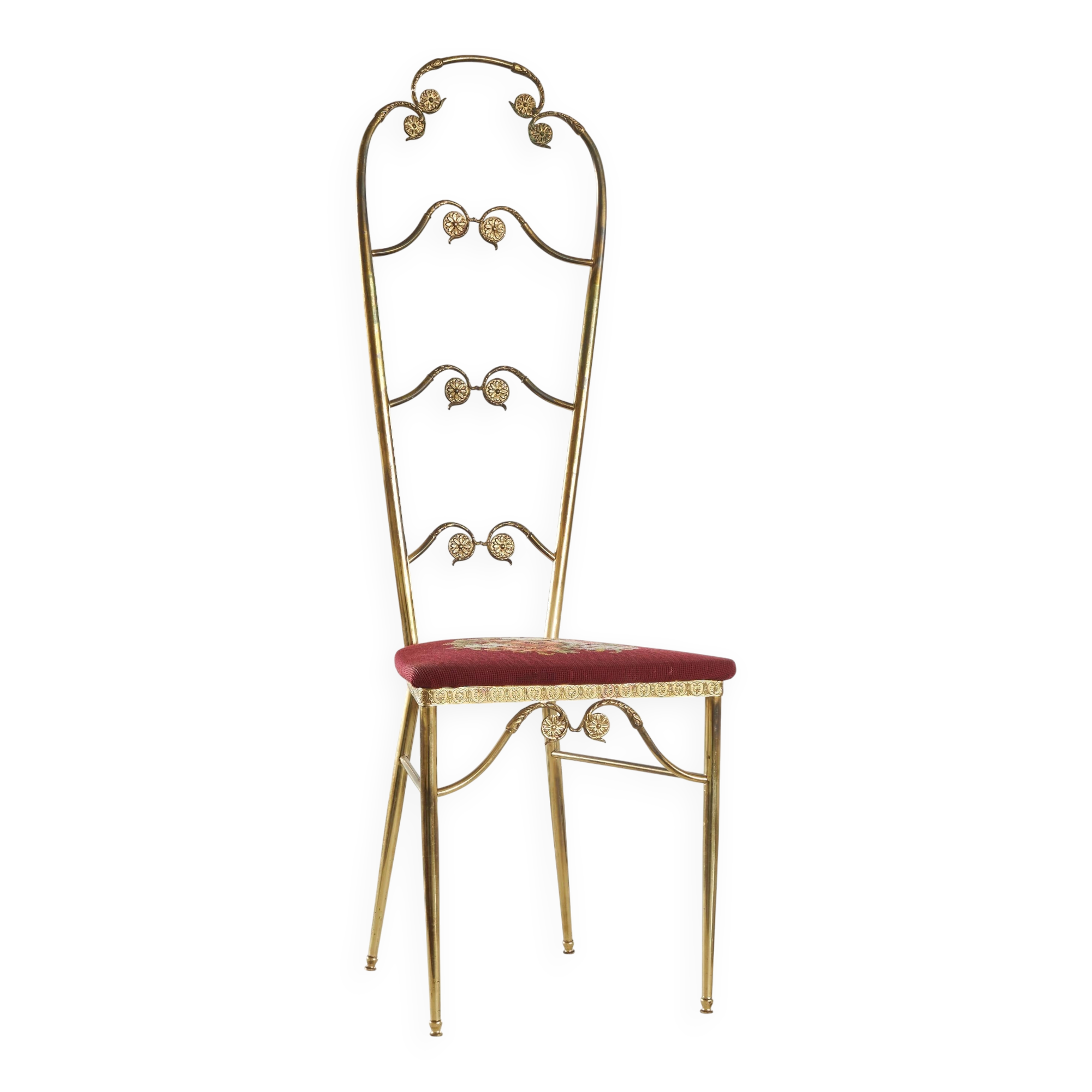 Chiavari chair with high back, brass, embroidery from the 1960s.