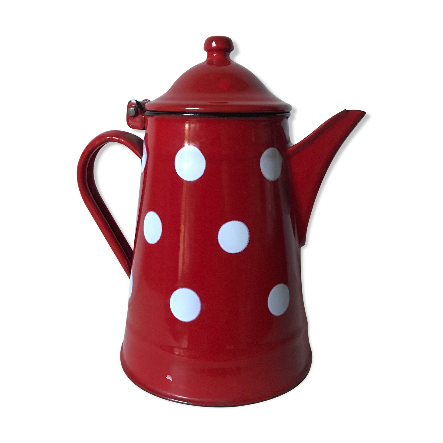 Red enamelled coffee maker with white polka dots