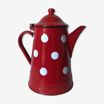 Red enamelled coffee maker with white polka dots