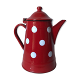 Red enamelled coffee maker with white polka dots