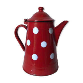 Red enamelled coffee maker with white polka dots