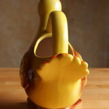 Ceramic watering can in white earthenware, yellow enamel and bird shape