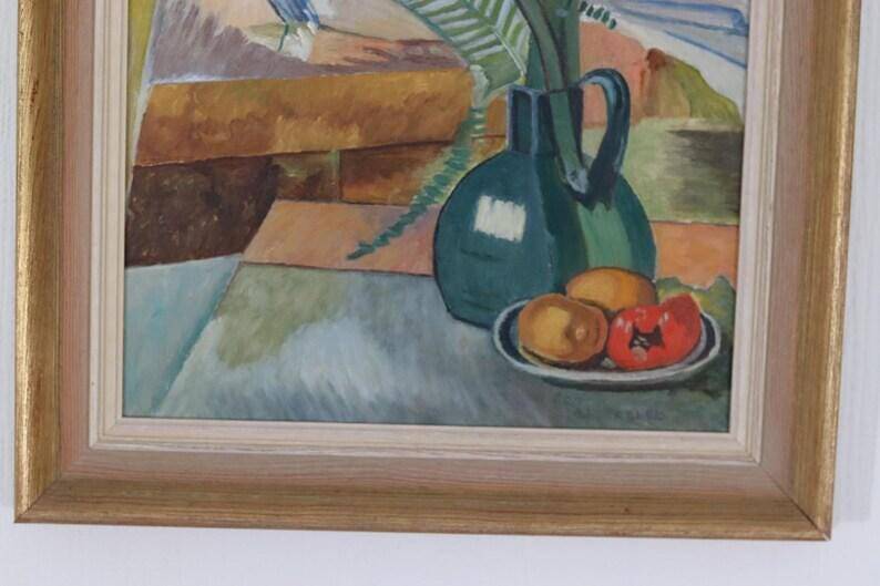 Huile sur toile suédoise « Nature morte avec Amaryllis et fruits » par A. Lindblom