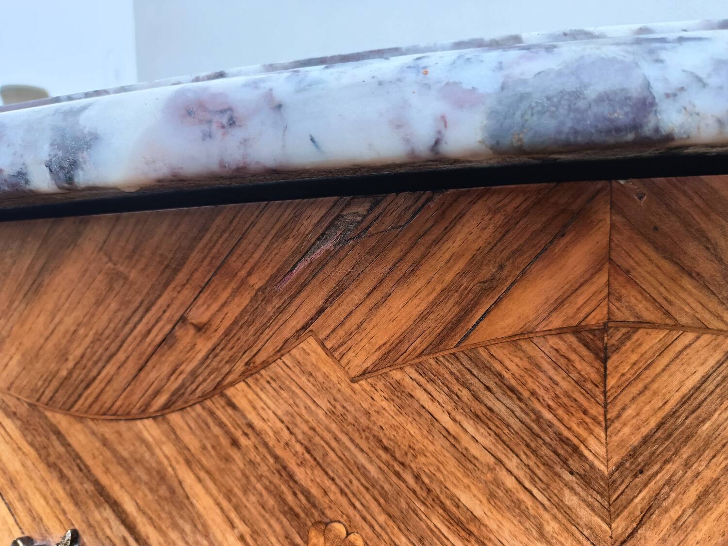 Old marquetry chest of drawers, Louis XV style marble top