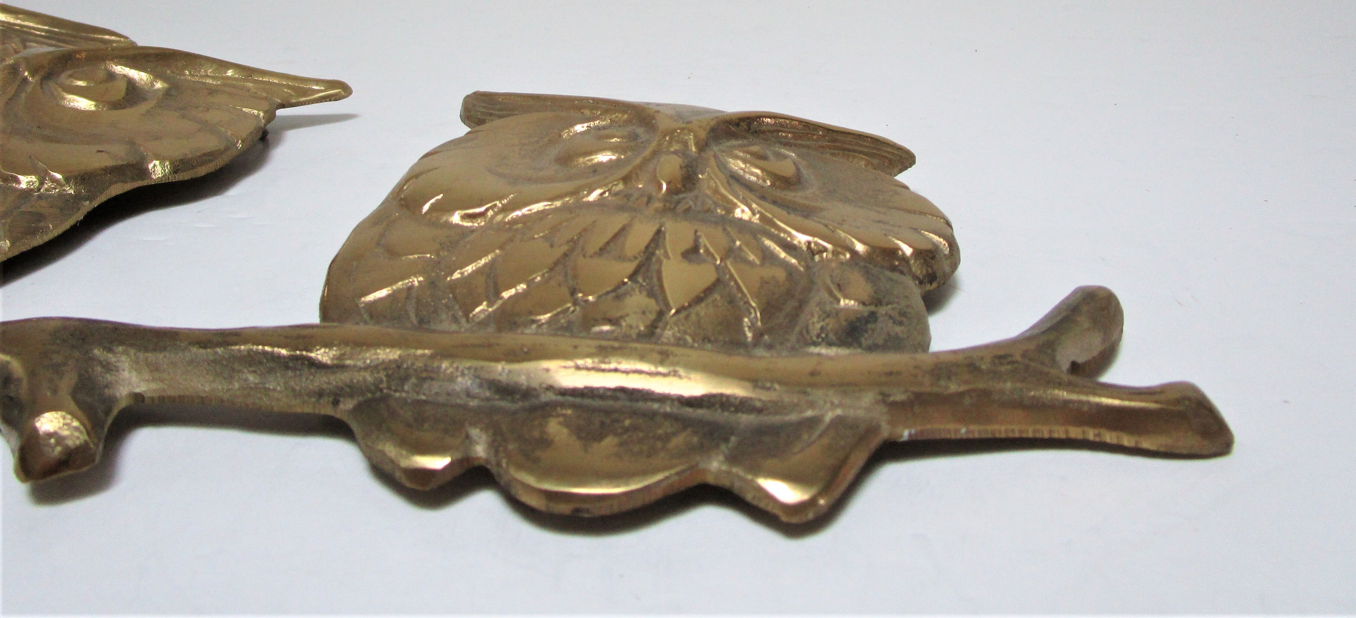 Three owls on a massive brass branch vintage wall decoration