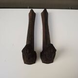 Antique Cast Iron Andirons: Bust of a Starry Woman