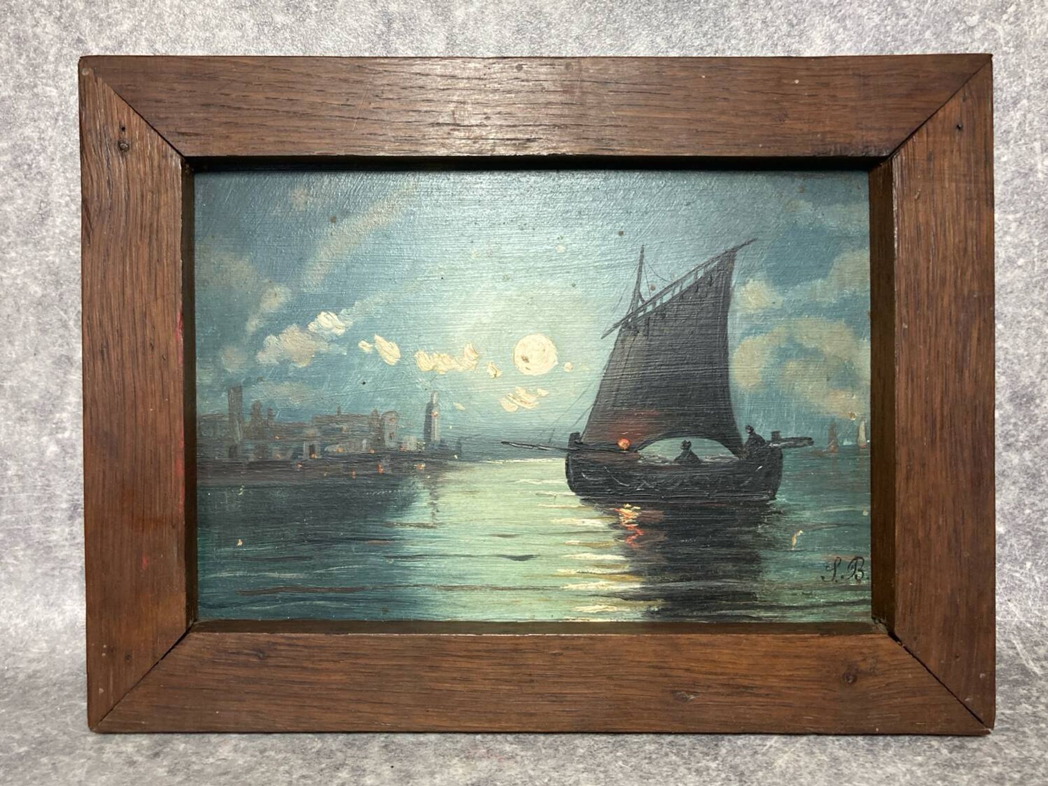 Painting. Oil on wood. Seascape, night, moonlight, fishing boat