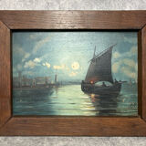 Painting. Oil on wood. Seascape, night, moonlight, fishing boat