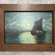 Painting. Oil on wood. Seascape, night, moonlight, fishing boat