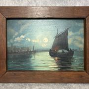 Painting. Oil on wood. Seascape, night, moonlight, fishing boat