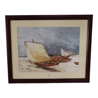 Aquarelle signée bateaux sur la plage