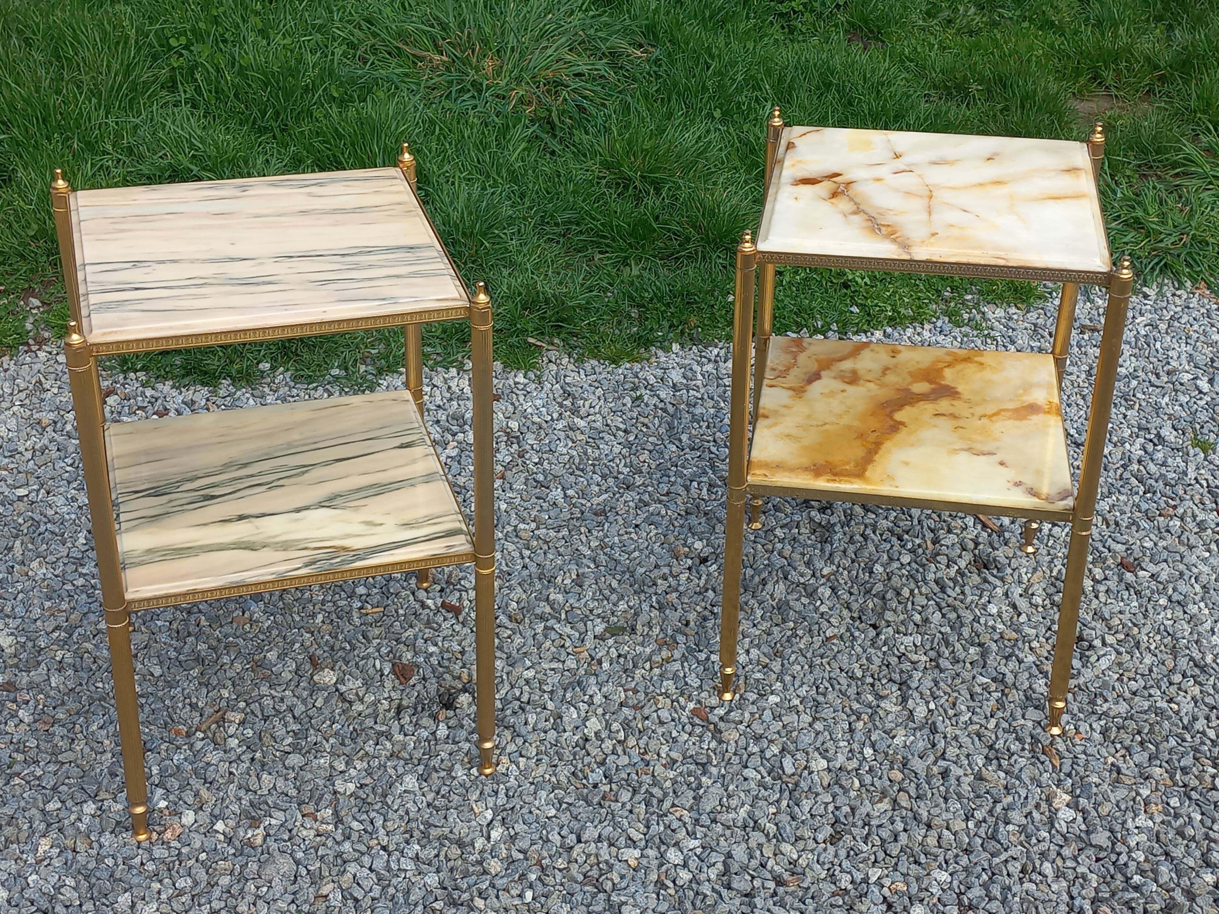 Pair of neoclassical side tables in bronze, brass, marble, and o.