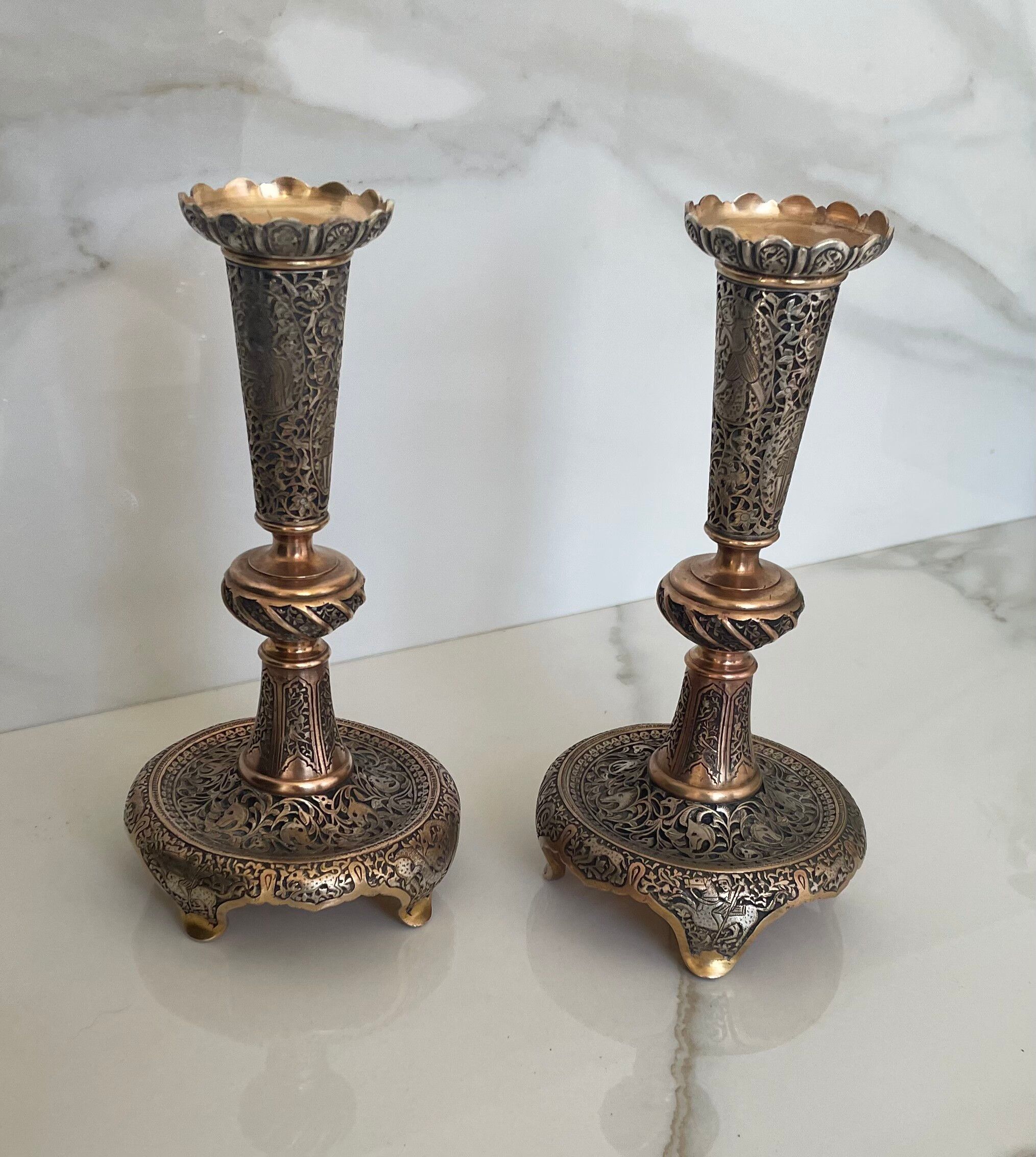 Paire de bougeoirs persans, style kadjar, début XXe