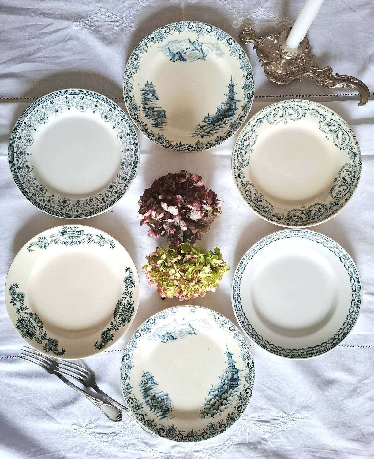 Mismatched antique ironstone dinner plates