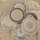 6 vintage dessert plates signed mismatched blue and white porcelain tableware - Lot E
