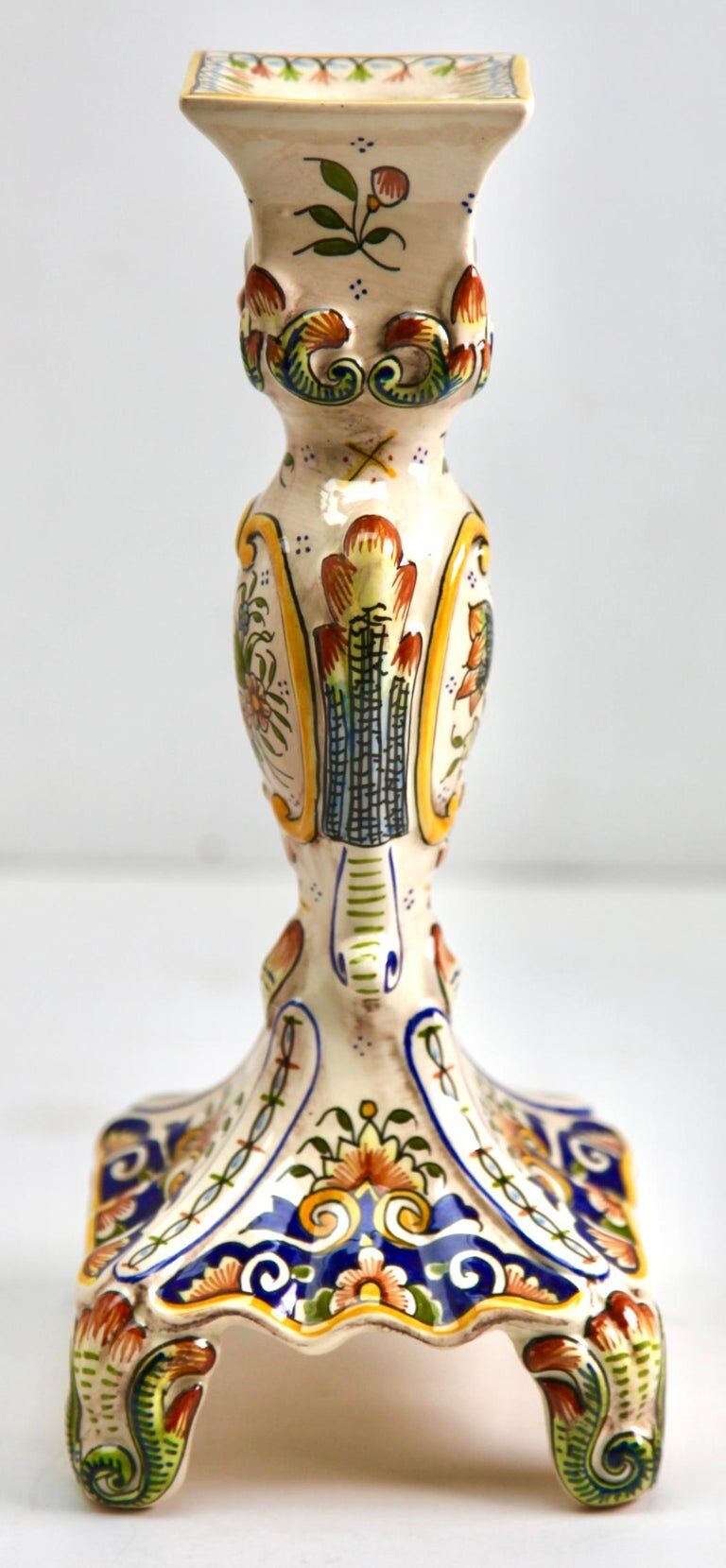 Hand-painted earthenware candle holder from Rouen, France twentieth century