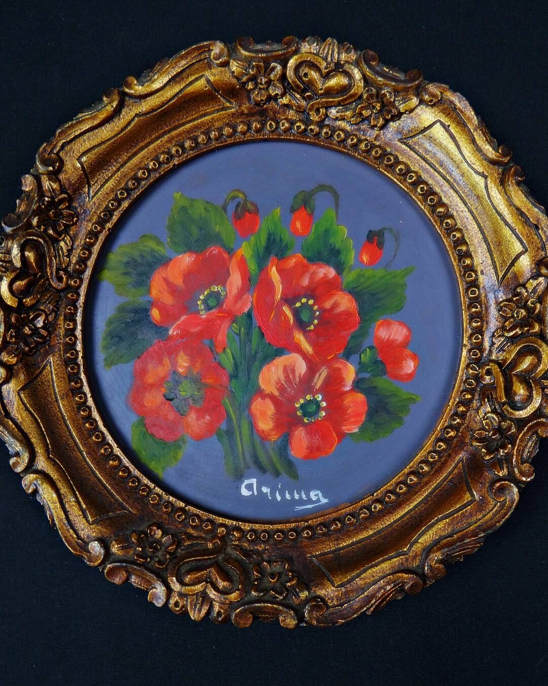 Still life in Tondo oil on panel of a bouquet of poppies signed