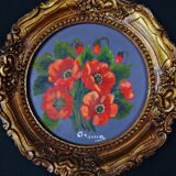 Still life in Tondo oil on panel of a bouquet of poppies signed