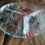 Plat rond vintage 3 compartiments en verre opaque décor coloré raisins et feuilles de vigne