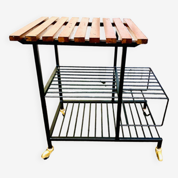 Modernist metal and teak trolley on casters