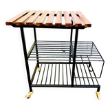 Modernist metal and teak serving trolley on wheels