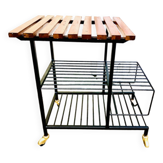 Modernist metal and teak trolley on casters