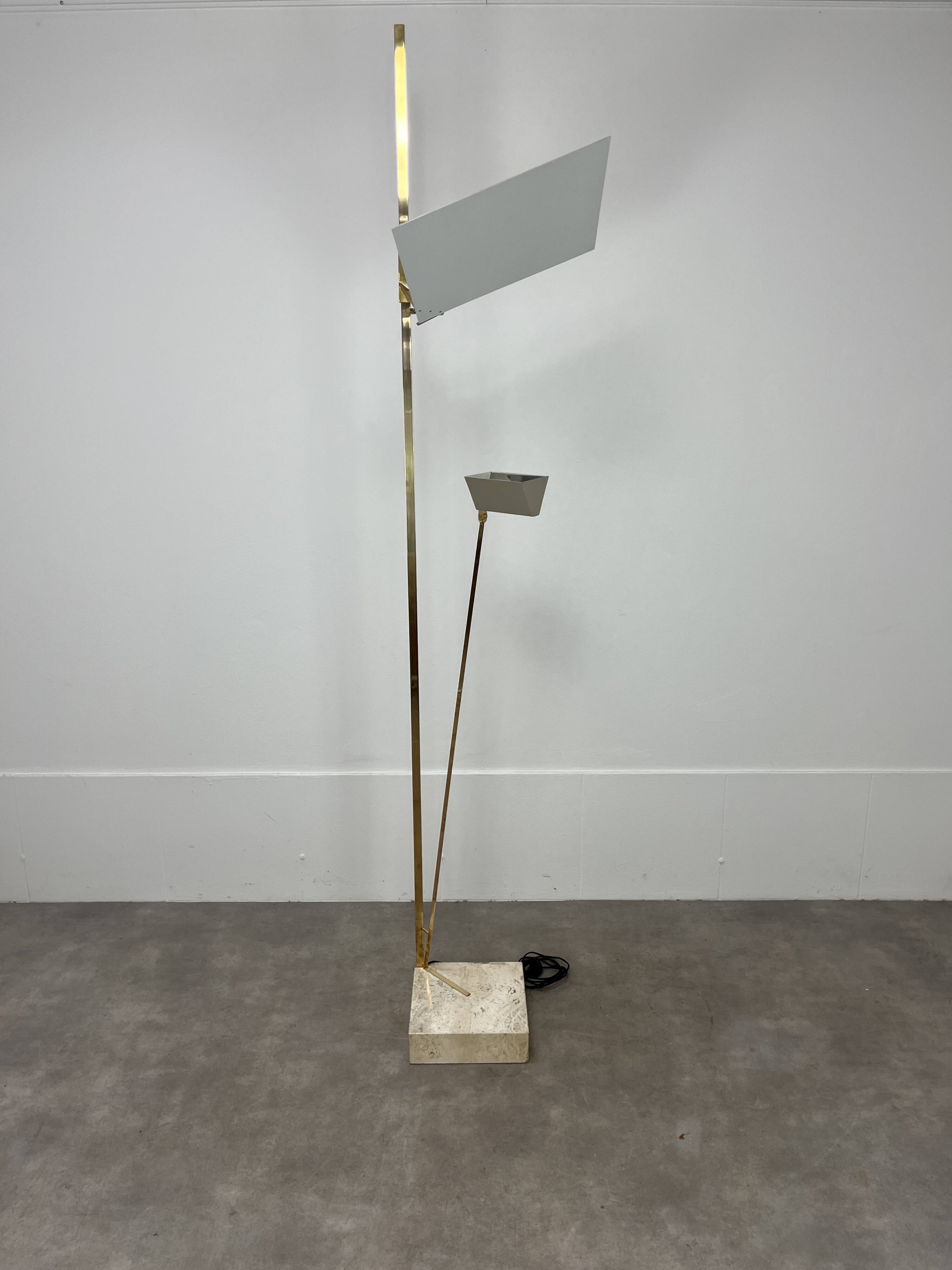 70s design floor lamp, brass and travertine, Hollywood Regency