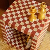 Side table - open cube bedside table with checkerboard in bone and terracotta resin