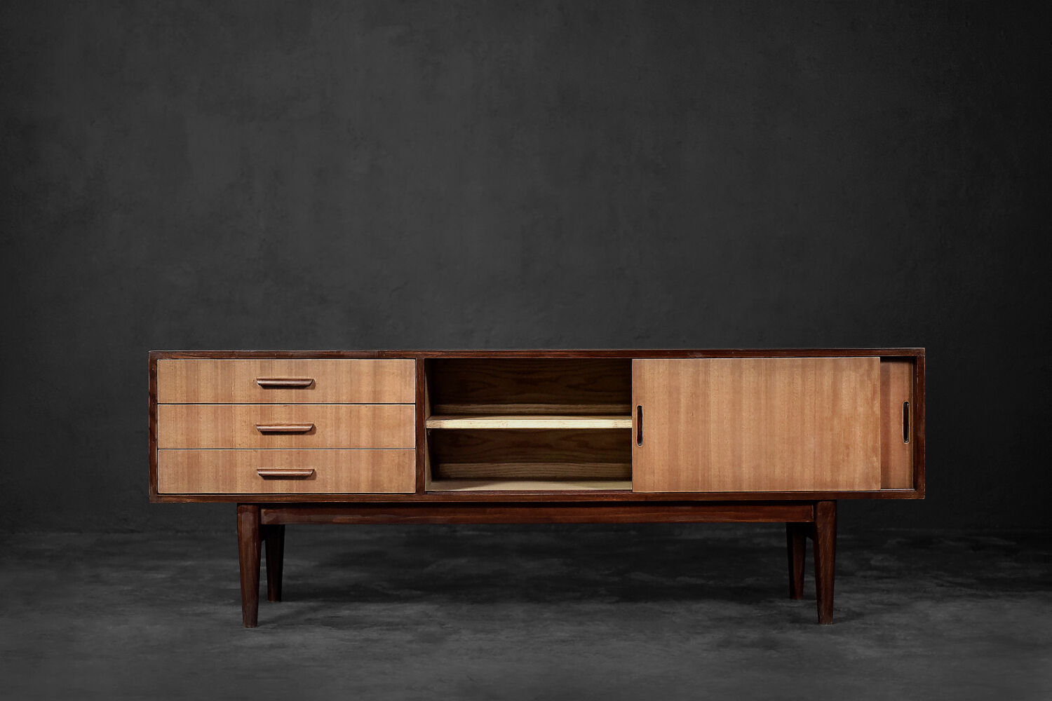 Classic vintage mid-century mahogany buffet with drawers, Danish Scandinavian style, 1970s.
