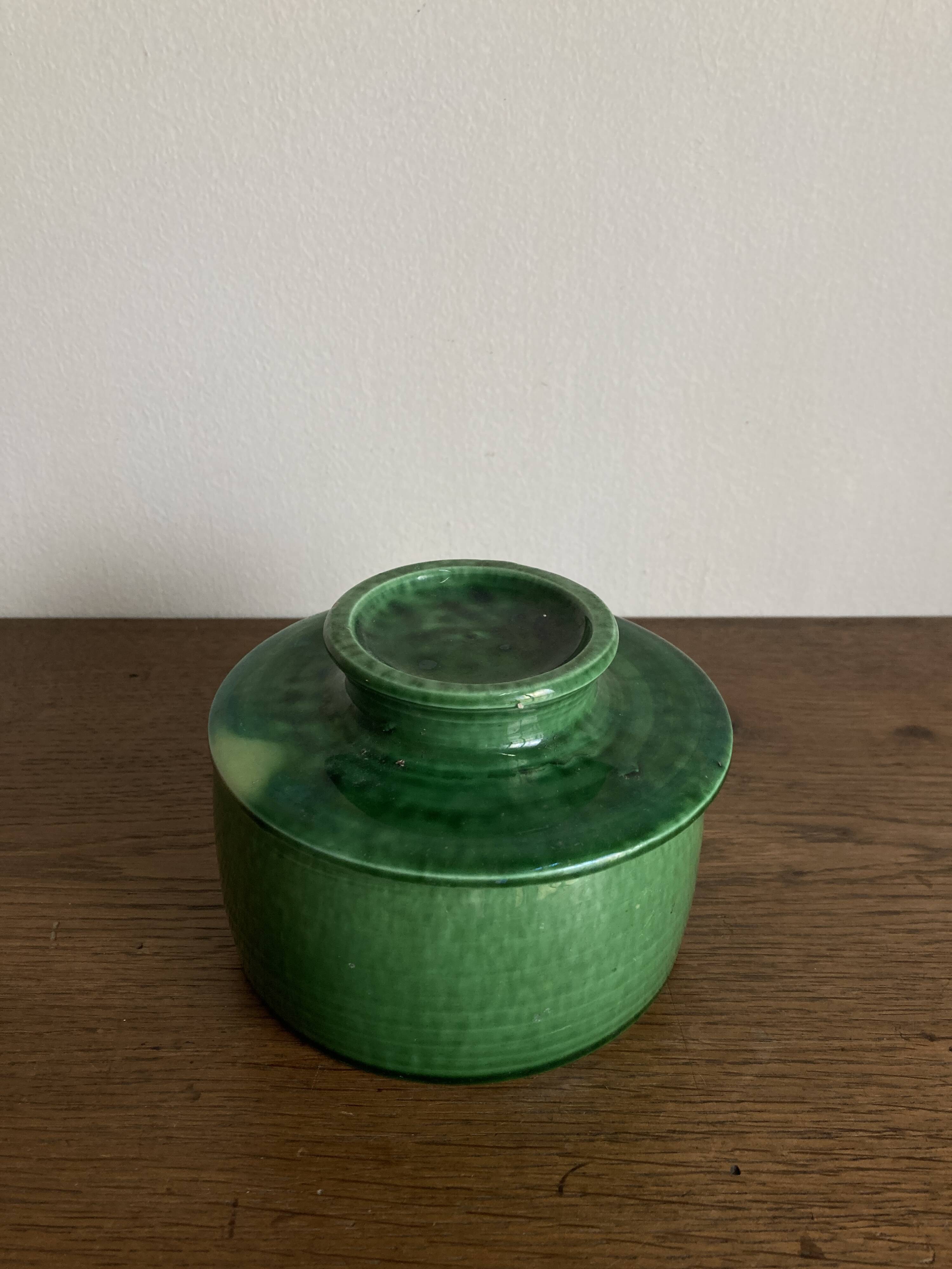 Foucart Jourdan Green glazed earthenware butter dish with water reservoir, 1960