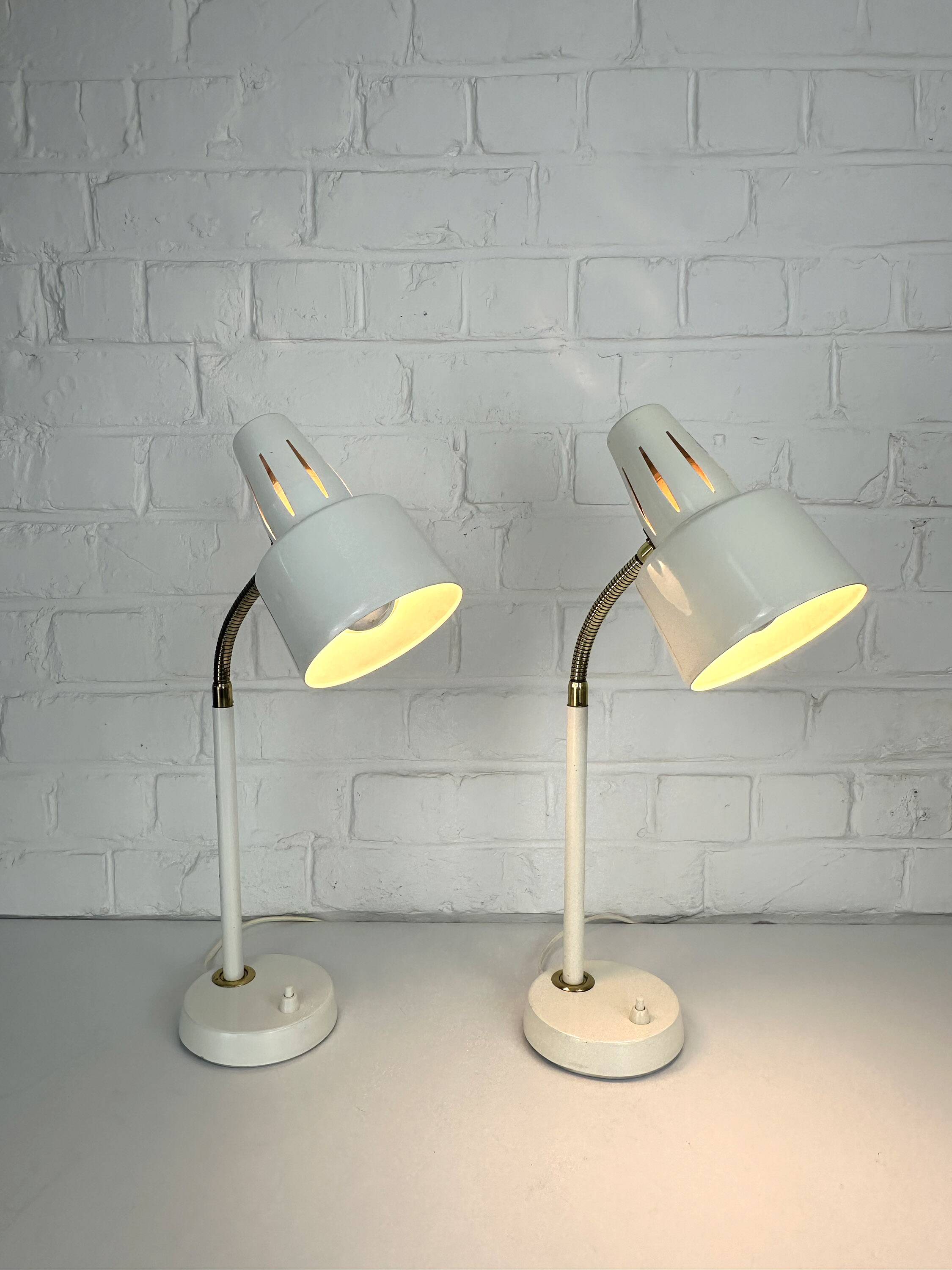 Pair of BJS desk lamps in white lacquered steel and brass – Sweden 1960s