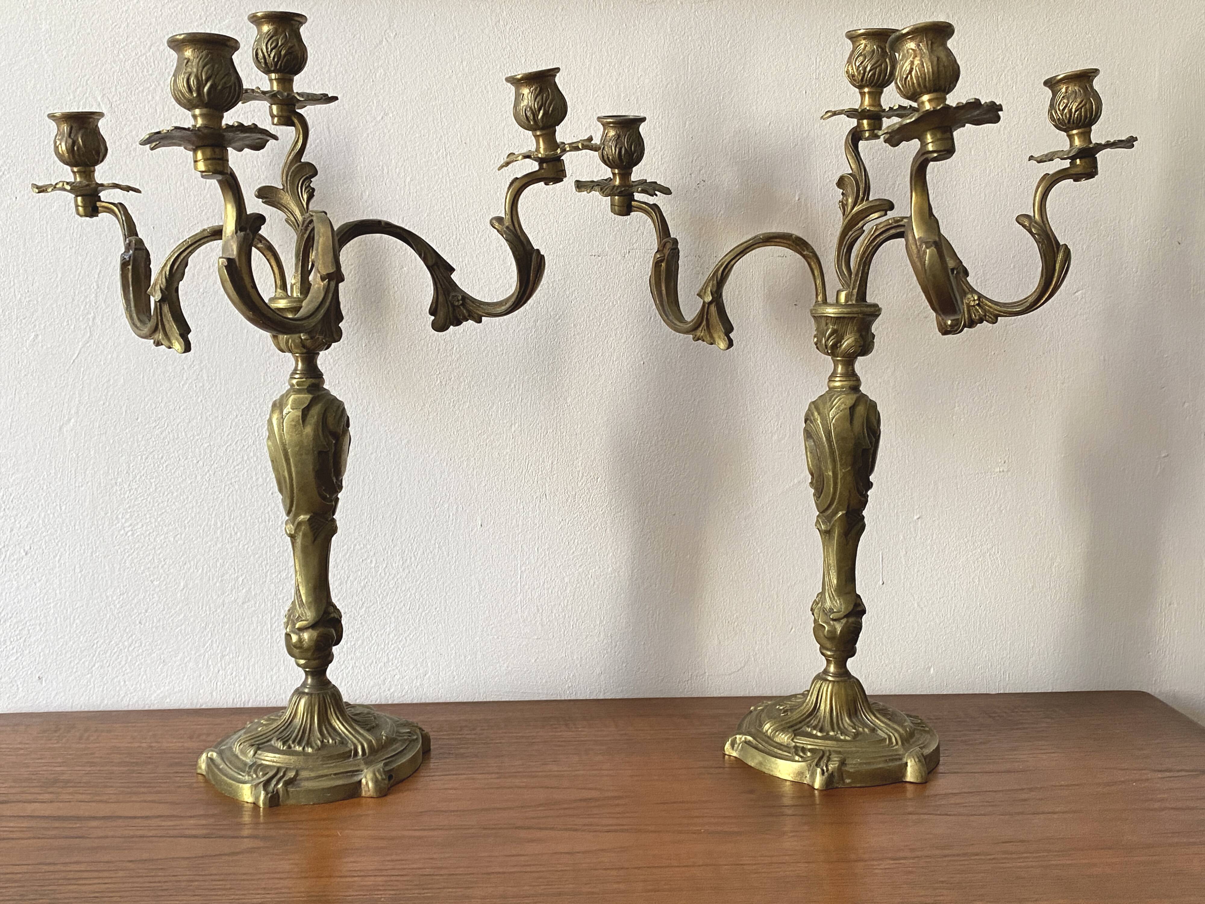 Pair of Louis XV style gilt bronze candlesticks / candelabras - H: 49 cm