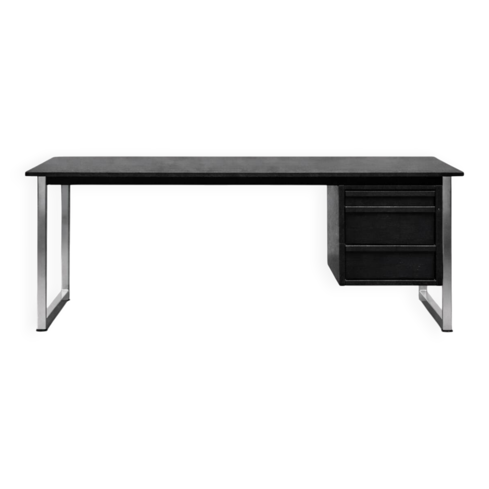 Vintage Mid-Century Danish Modern Minimalist Black Oak Desk with Chrome Base