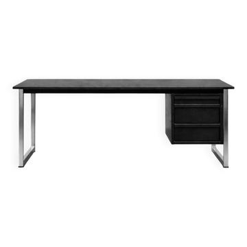 Vintage Mid-Century Danish Modern Minimalist Black Oak Desk with Chrome Base