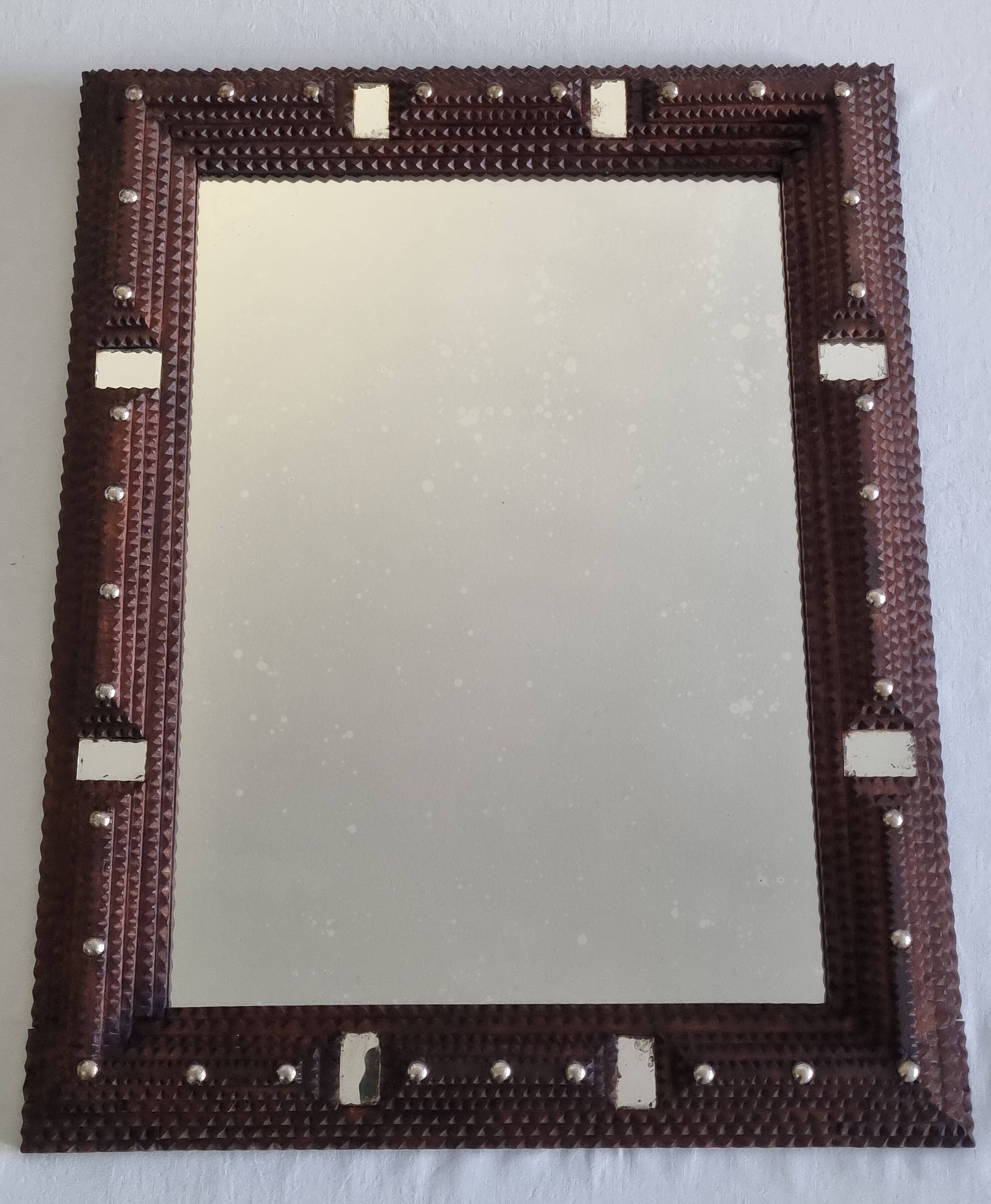 19th century Tramp Art mirror in hand-carved wood, original glass 69 x 50 cm