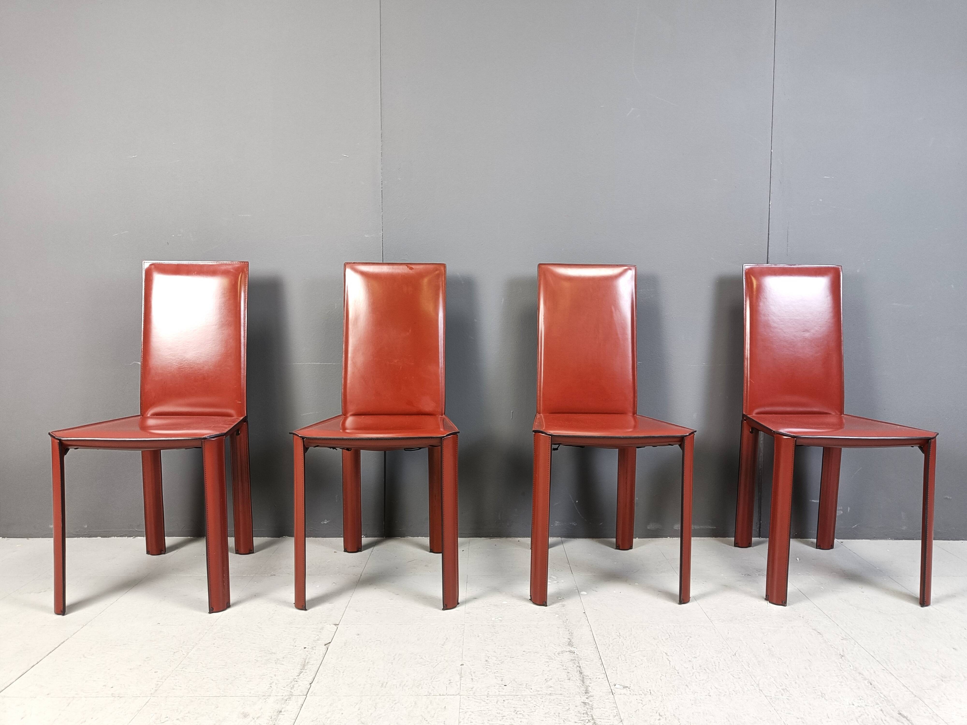 Red leather dining chairs by De Couro Brazil, 1980s - set of 4
